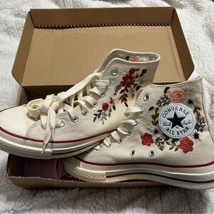 Converse Cream and Red High-Top Sneakers with Floral Embroidery